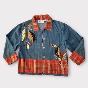 Vintage 90s Keren Hart Fall Autumn Leaf Embroidered Denim Button Down Orange M